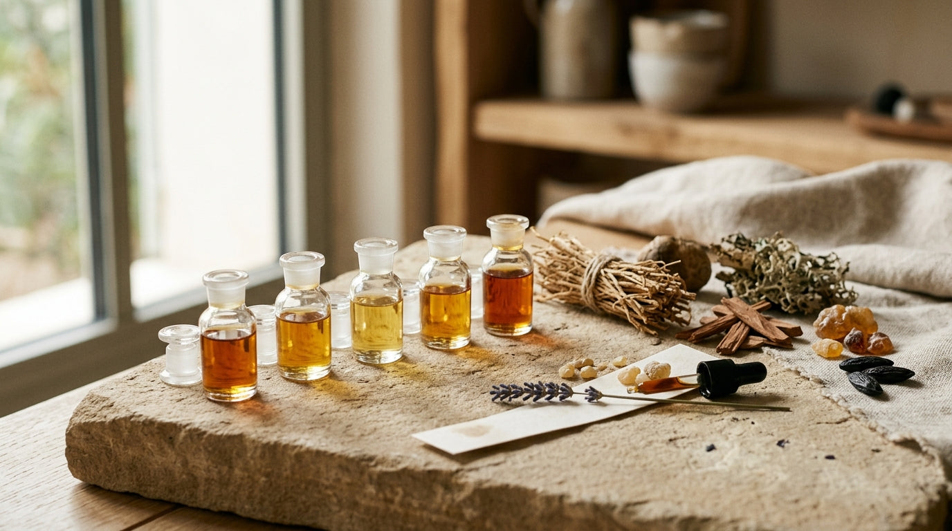 Flacons miniatures de parfum de niche alignés pour comparaison olfactive