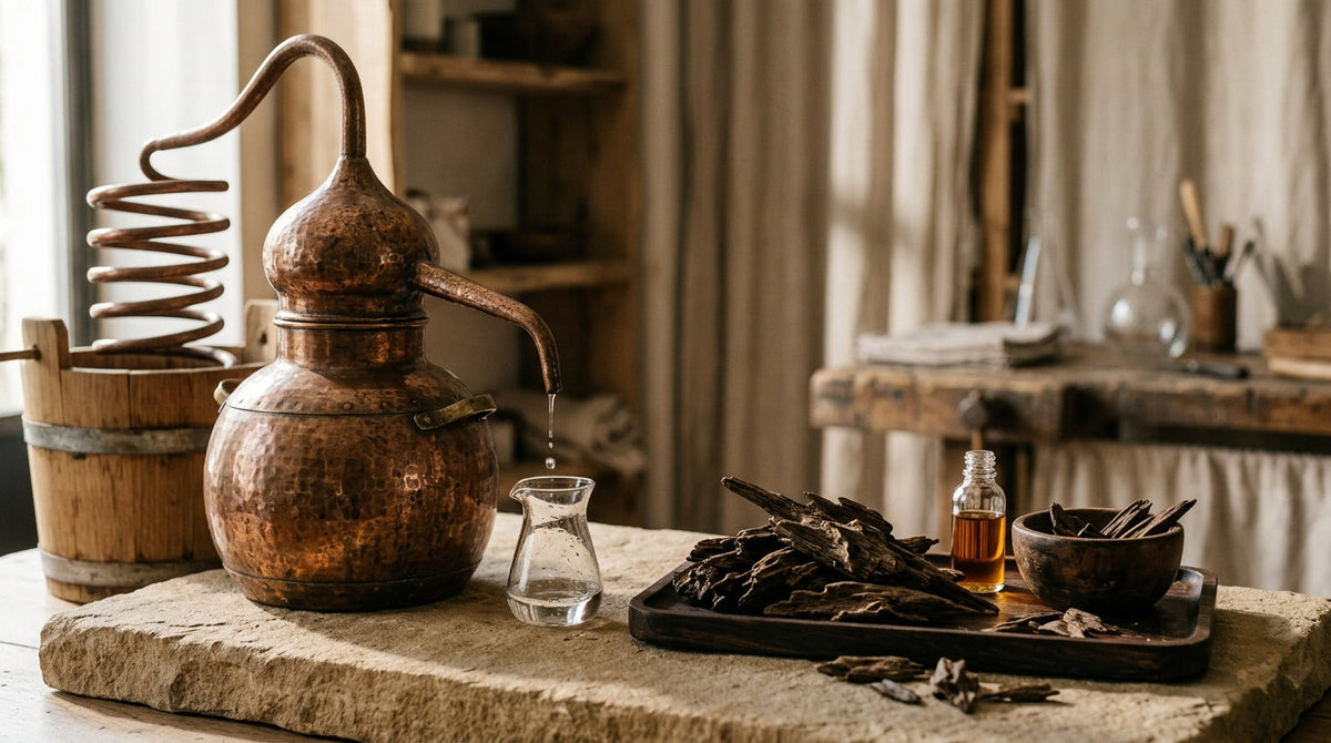 Alambic en cuivre pour la distillation du bois d'agar en atelier