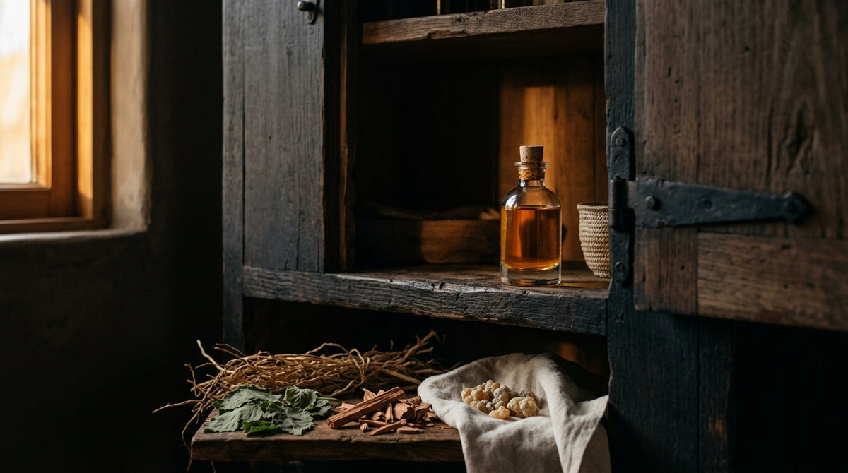 Flacon de parfum rangé à l'abri de la lumière dans un placard en bois