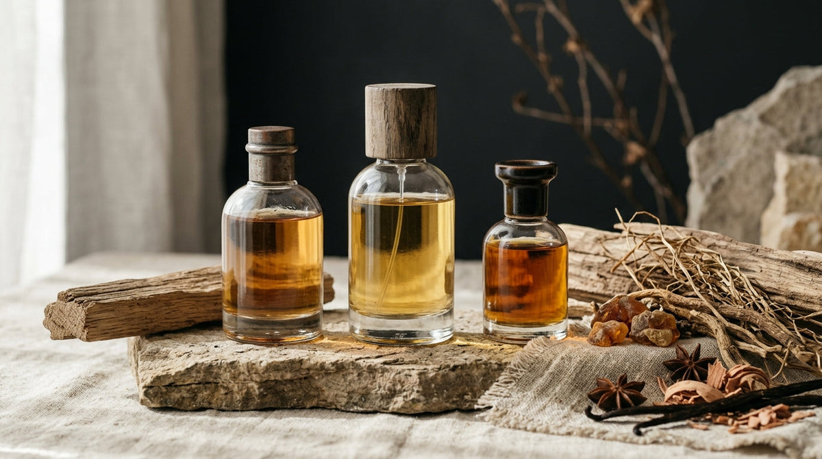 Trois flacons de parfum de concentrations différentes posés côte à côte
