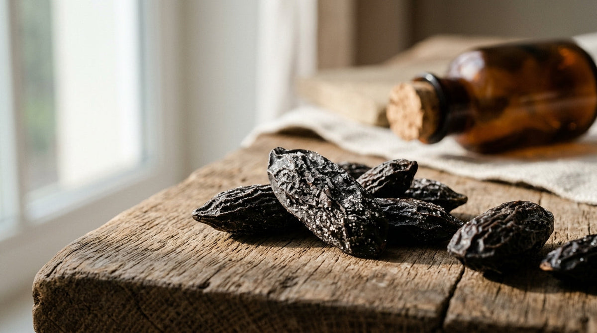 Fèves de tonka noires couvertes de cristaux blancs de coumarine sur bois