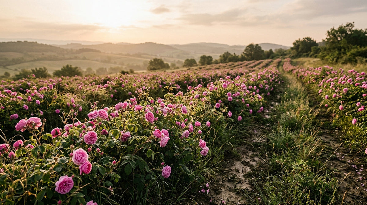 Champ de rose de mai en fleur sur les collines de Grasse en Provence