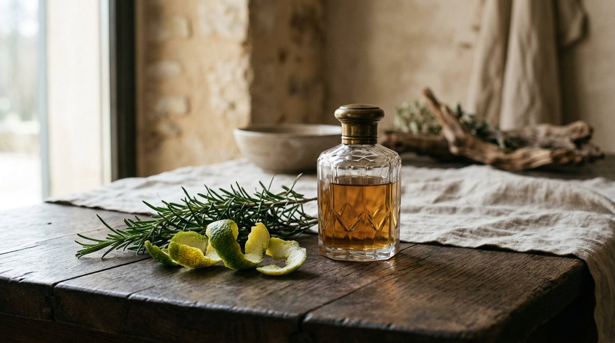 Flacon ancien de verre taillé entouré de zestes de bergamote et de romarin