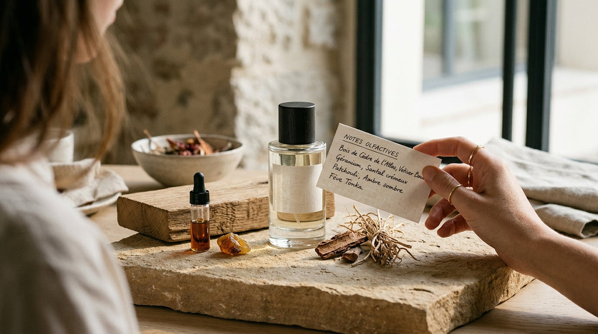 Flacon de parfum de niche posé près d'une fiche technique détaillant ses notes
