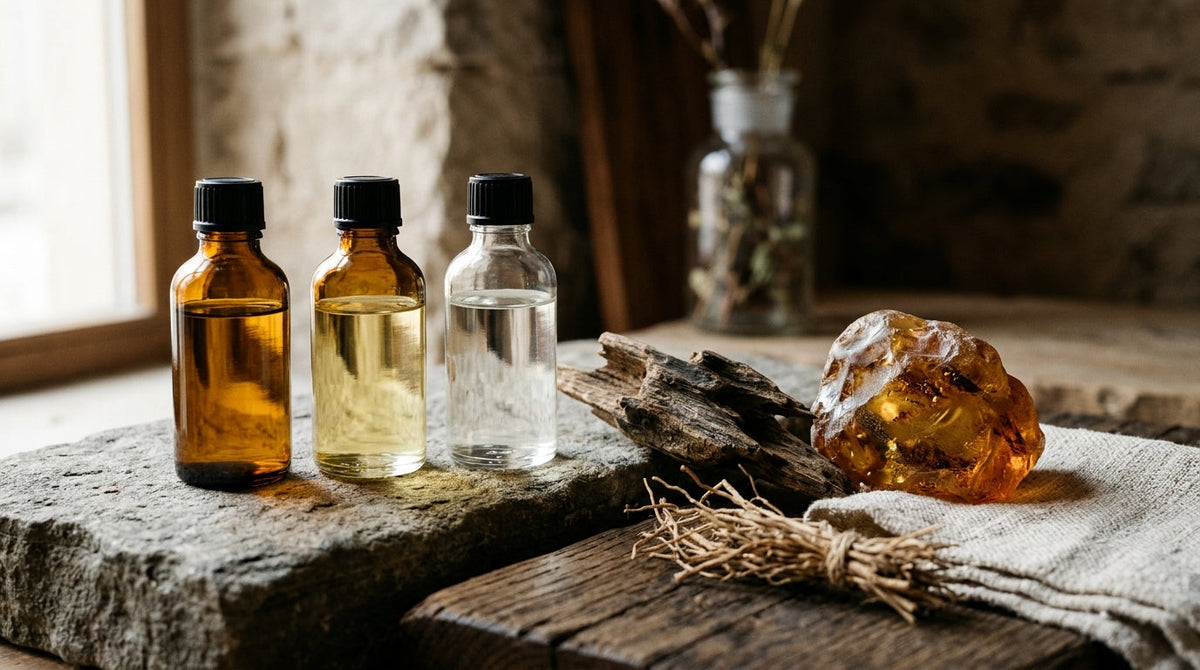 Flacons de laboratoire et matières brutes illustrant la synthèse en parfumerie
