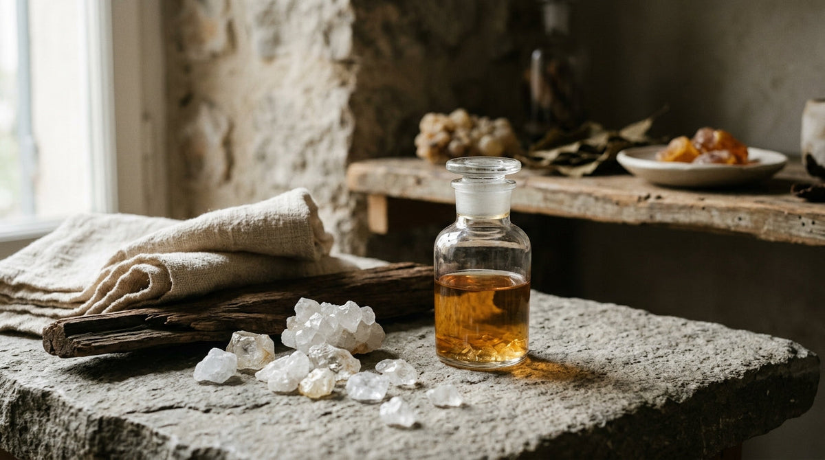 Flacon de laboratoire et cristaux blancs évoquant le musc de synthèse moderne