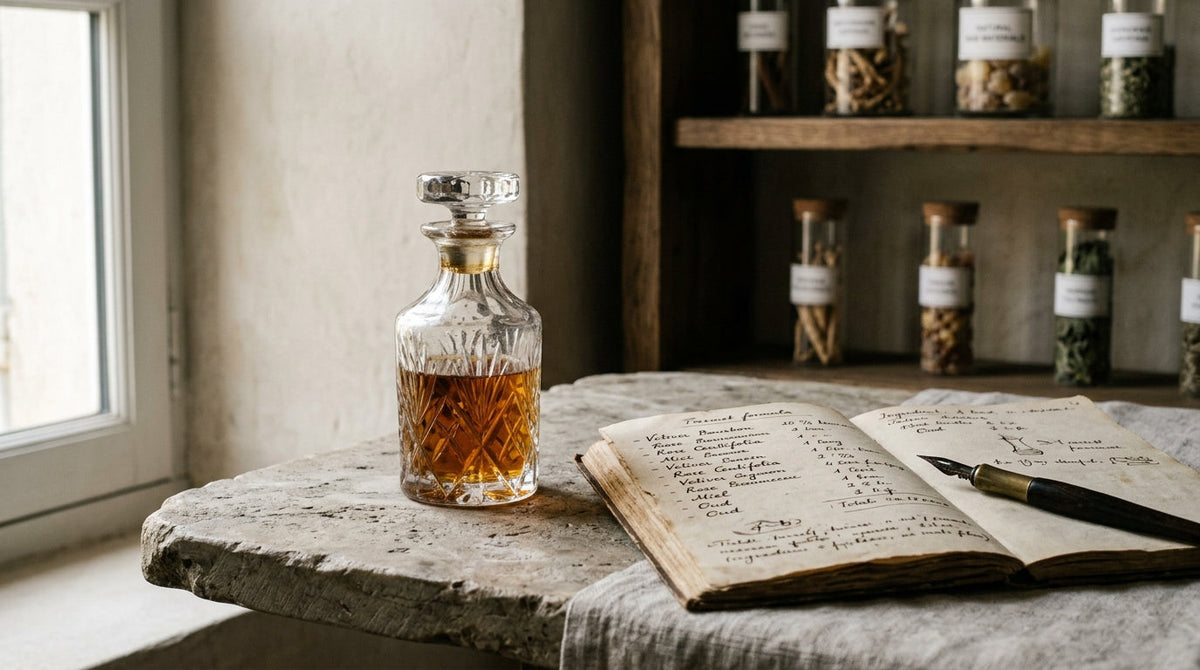 Flacon de parfum ancien et carnet de formules manuscrites sur marbre