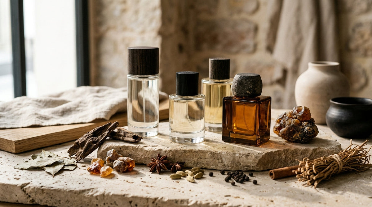 Flacons de parfums de niche nouvellement arrivés au catalogue, posés sur de la pierre