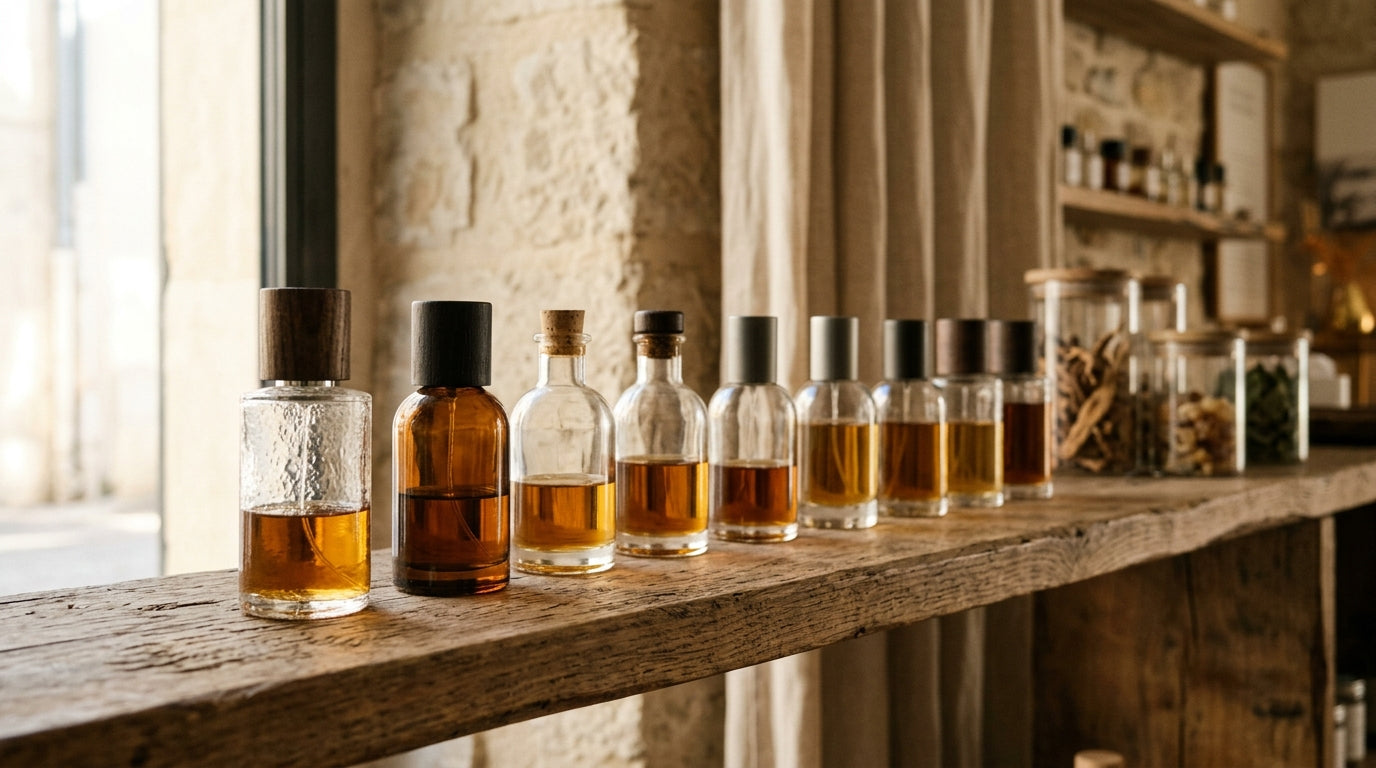 Flacons de parfum alignés sur une étagère en bois dans une parfumerie