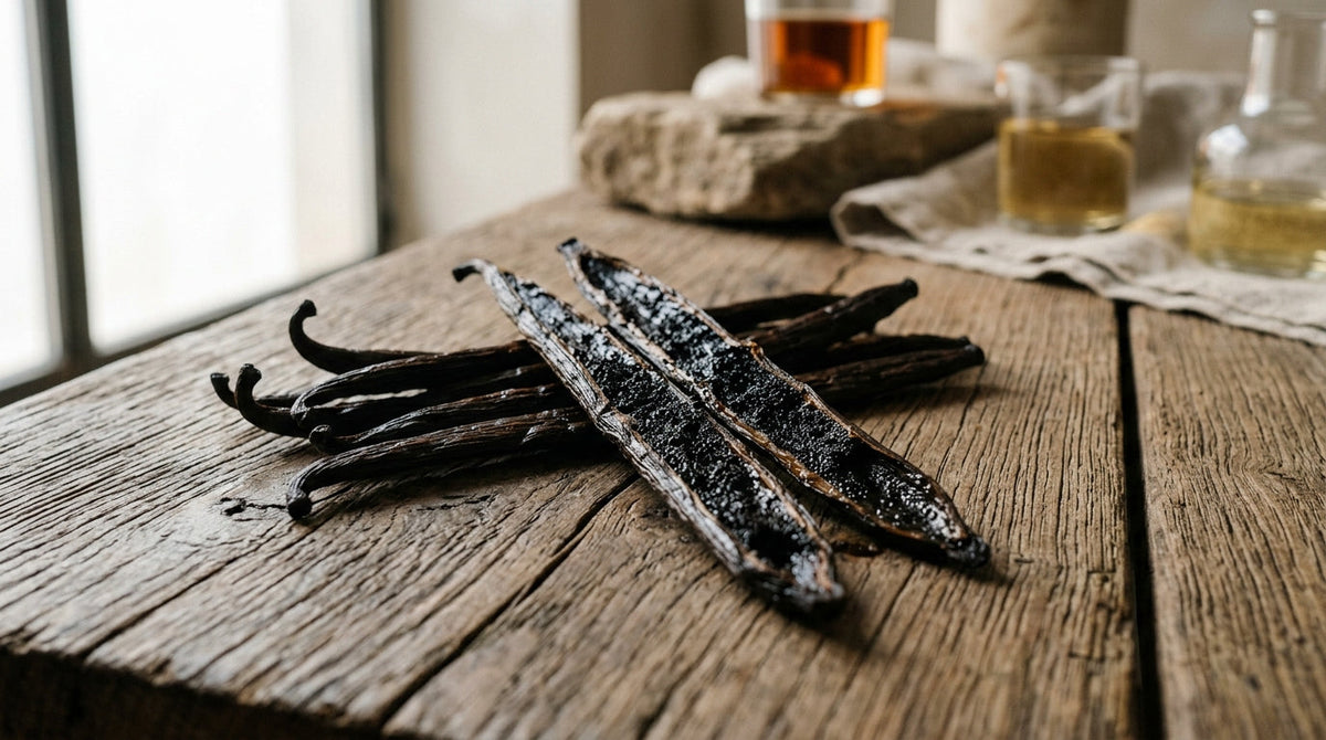 Gousses de vanille noires fendues montrant leurs grains sur bois brut