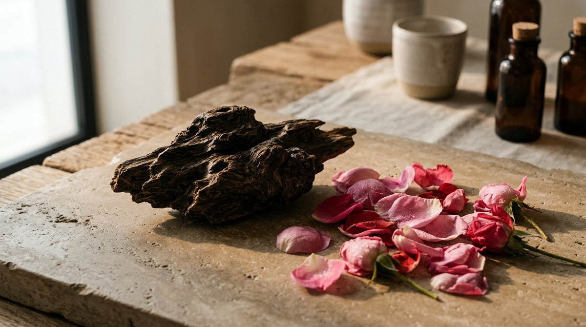 Bois d'agar brut et pétales de rose côte à côte sur pierre claire