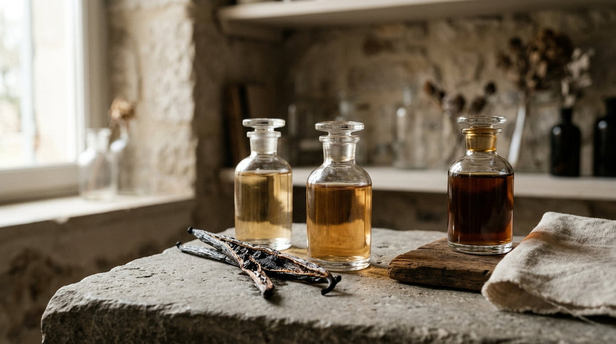Gousse de vanille fendue près de flacons de parfum sans étiquette sur pierre