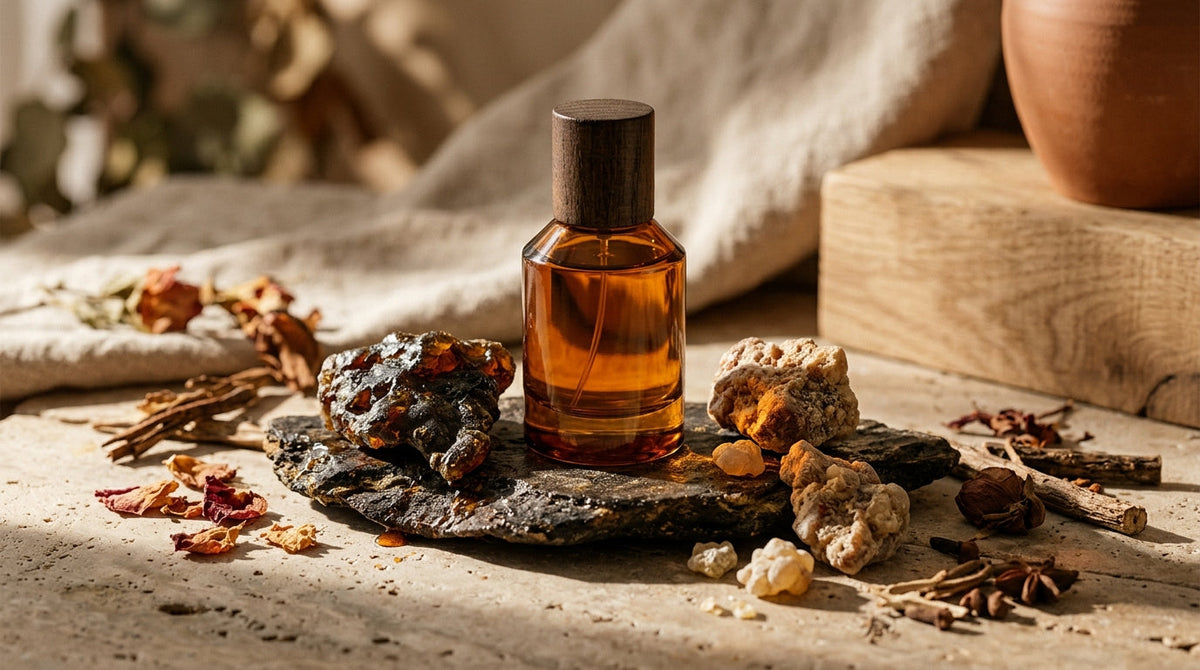 Flacon de parfum ambré entouré de résines de labdanum et benjoin brutes
