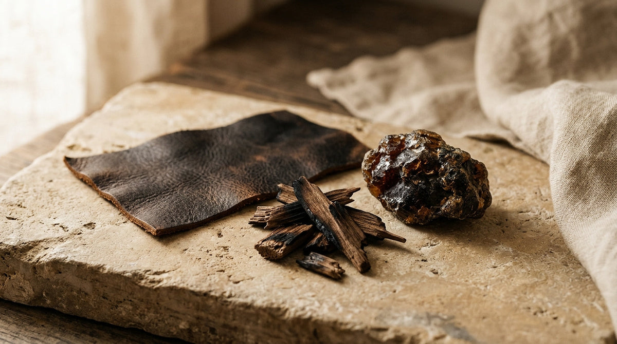 Cuir tanné brut et résine fumée évoquant la note cuirée en parfumerie