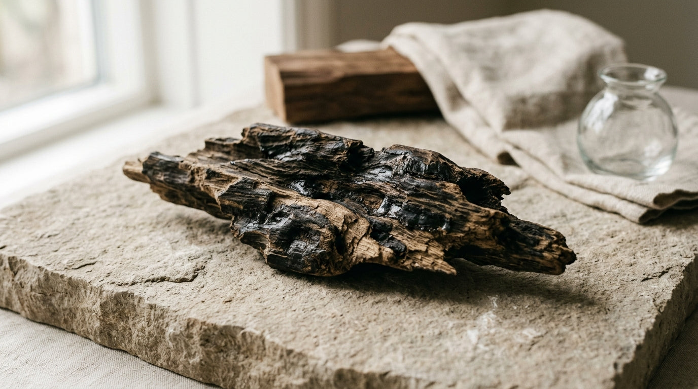 Morceau de bois d'agar brut aux veines sombres sur fond de pierre