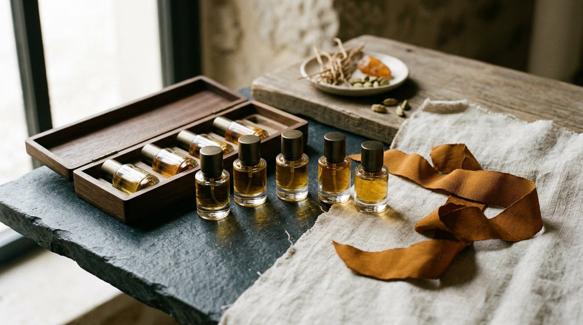 Coffret de miniatures de parfum ouvert, présenté comme une idée cadeau