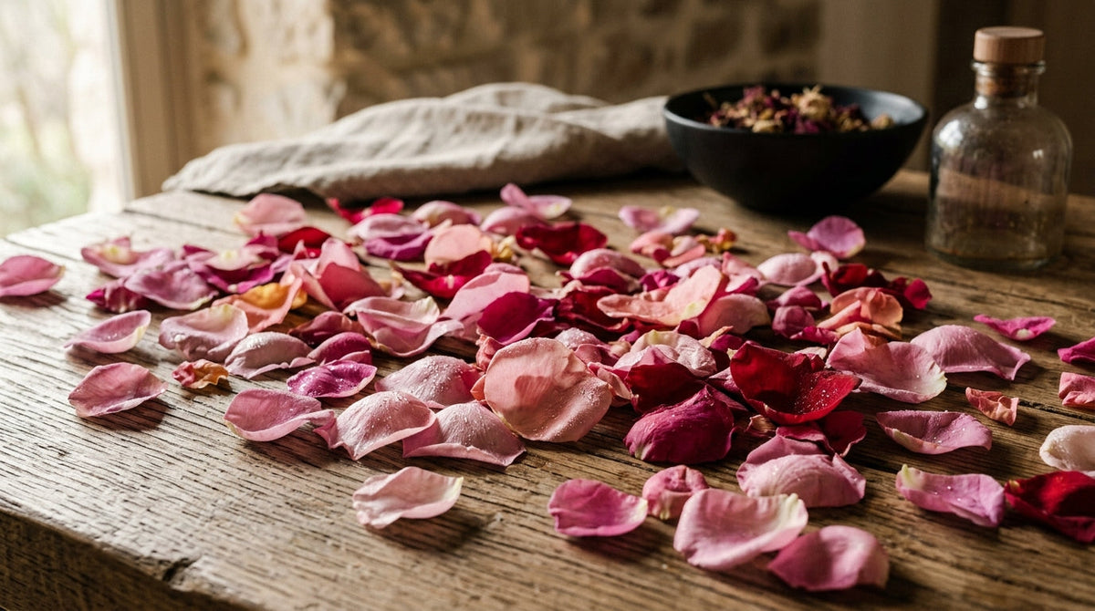 Pétales de rose fraîchement cueillis disposés sur une table en bois brut