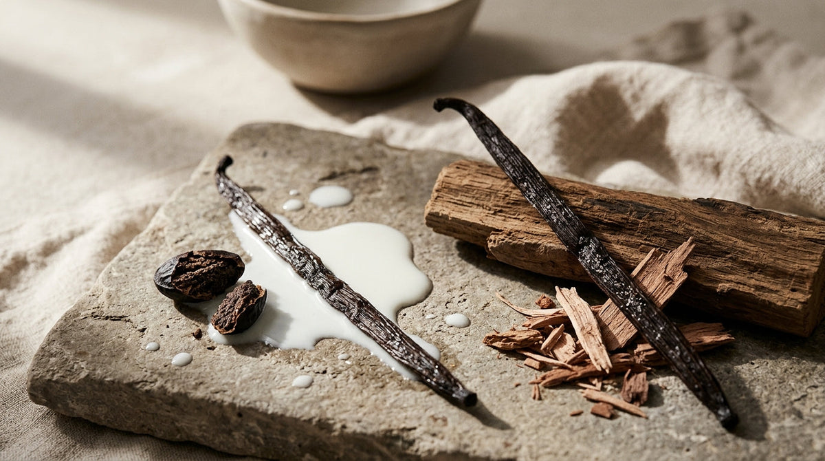 Gousse de vanille entre lait et fève de tonka d'un côté, bois de santal brut de l'autre