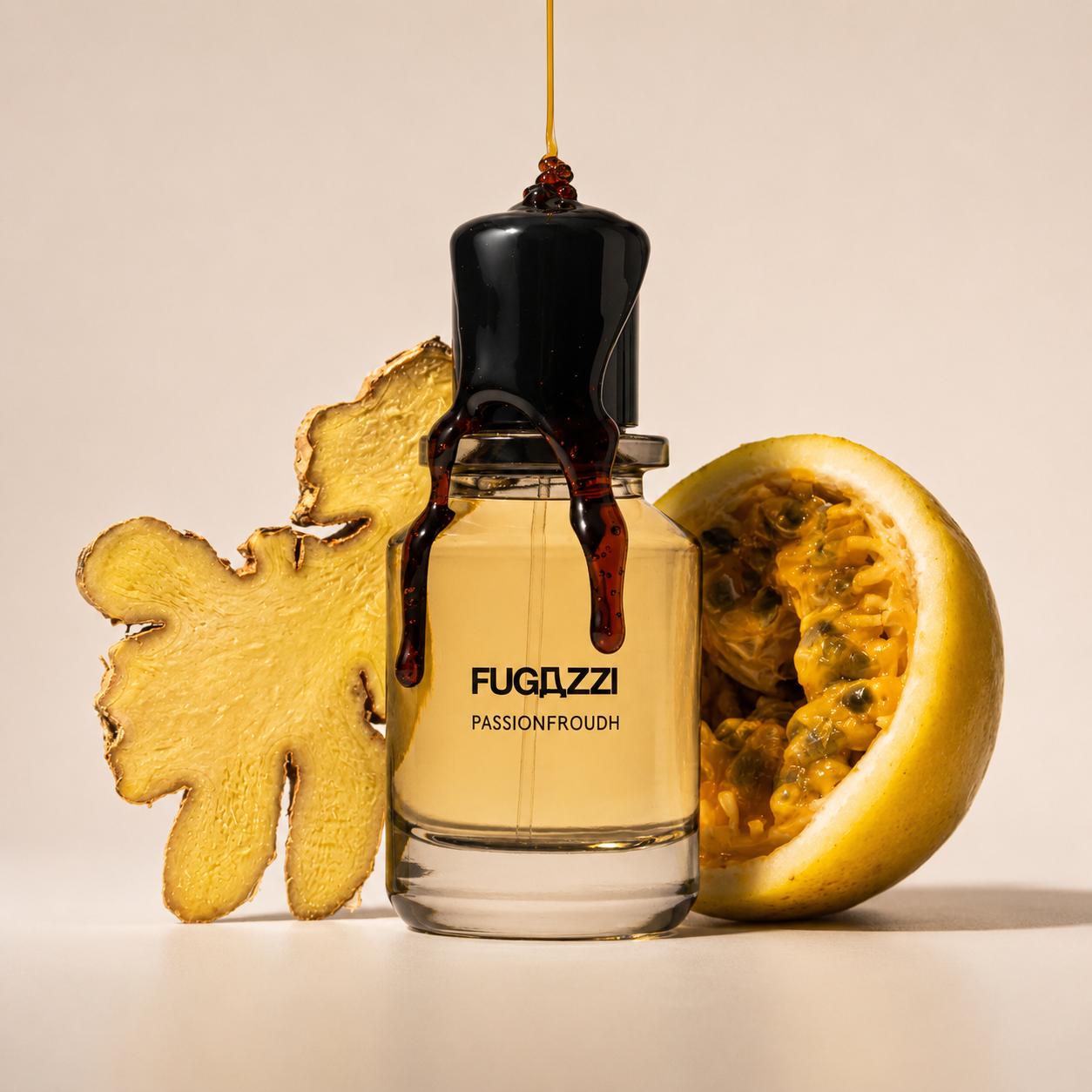 Passionfroudh de Fugazzi, extrait de parfum, mise en scène du flacon nappé de résine, entre une tranche de gingembre et un fruit de la passion.