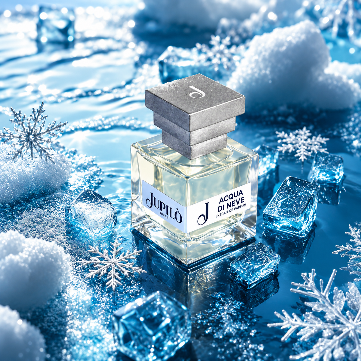 Acqua di Neve de Jupilò, extrait de parfum, mise en scène du flacon.