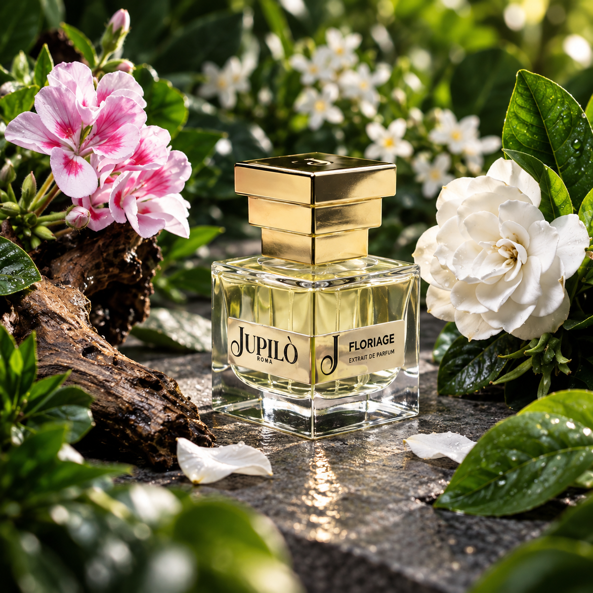 Floriage de Jupilò, extrait de parfum, mise en scène du flacon.