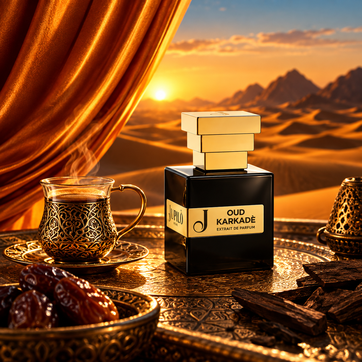 Oud Karkade de Jupilò, extrait de parfum, mise en scène du flacon.