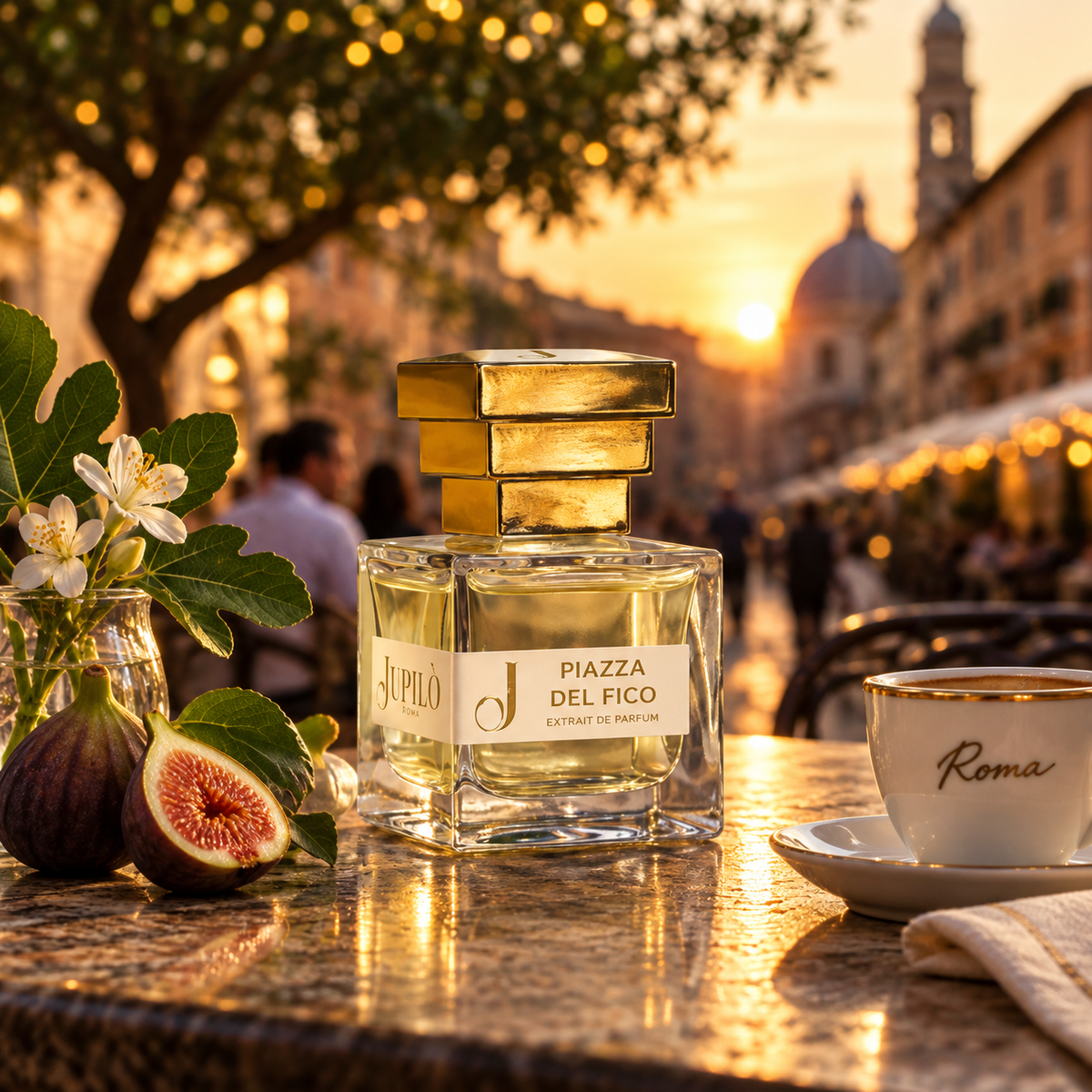 Piazza del Fico de Jupilò, extrait de parfum, mise en scène du flacon.