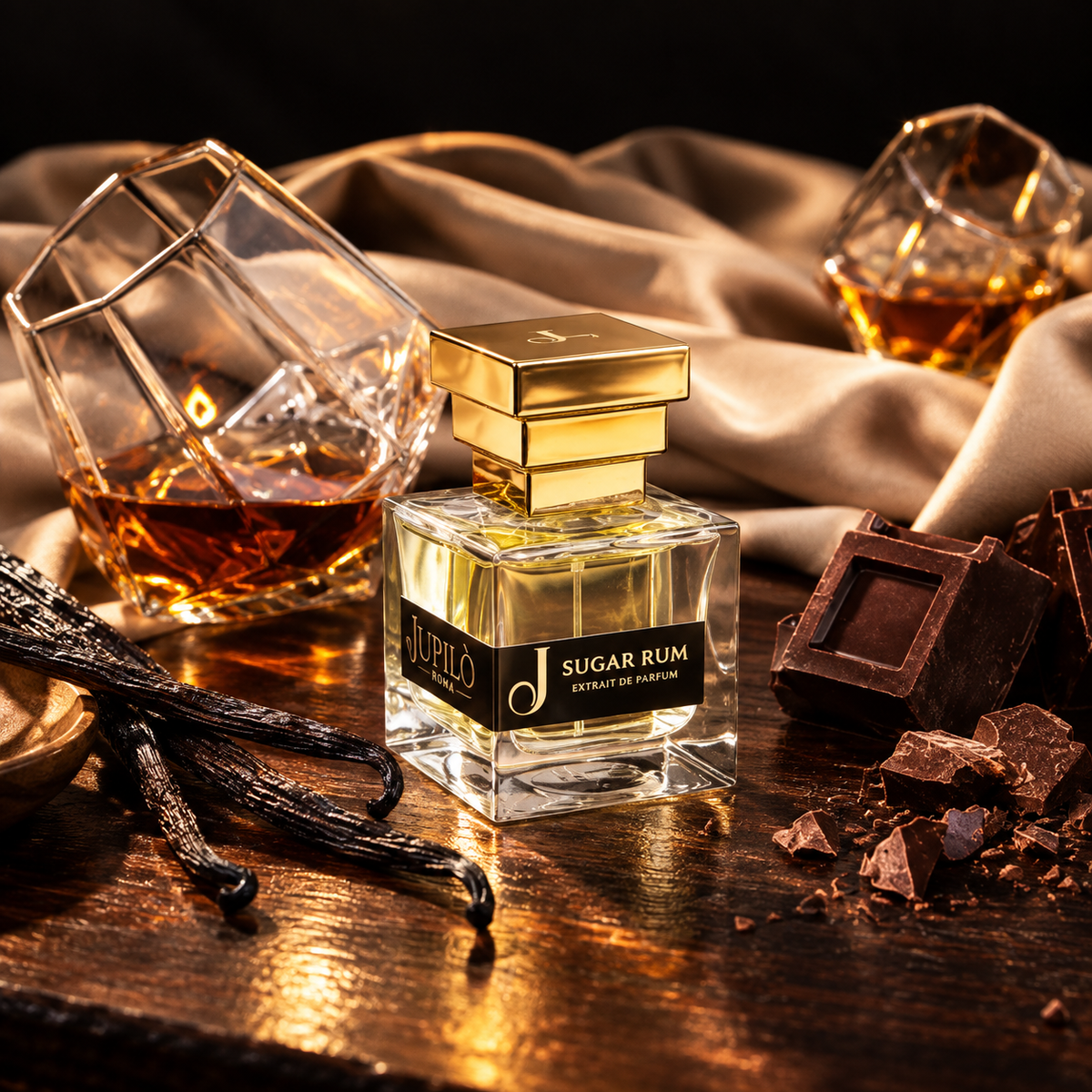 Sugar Rum de Jupilò, extrait de parfum, mise en scène du flacon.