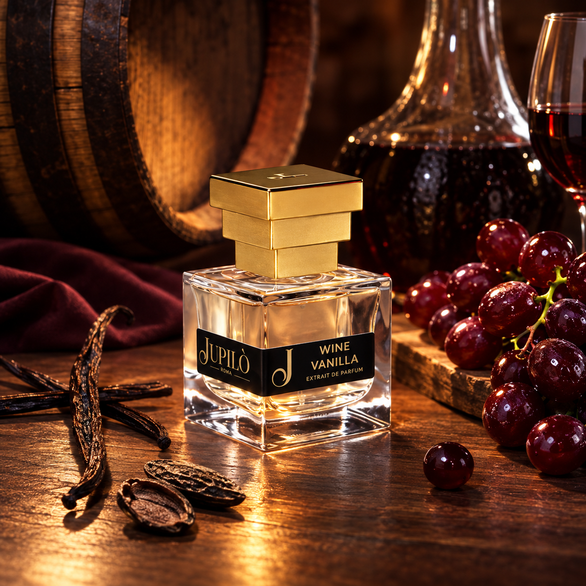 Wine Vanilla de Jupilò, extrait de parfum, mise en scène du flacon.