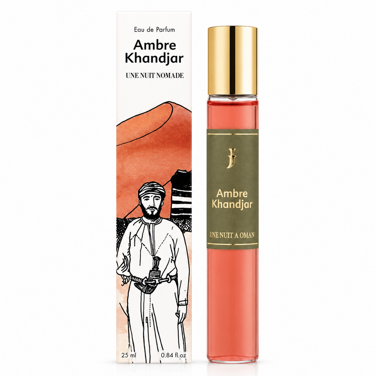 Ambre Khandjar d'Une Nuit Nomade, eau de parfum 25 ml, flacon de face sur fond blanc.