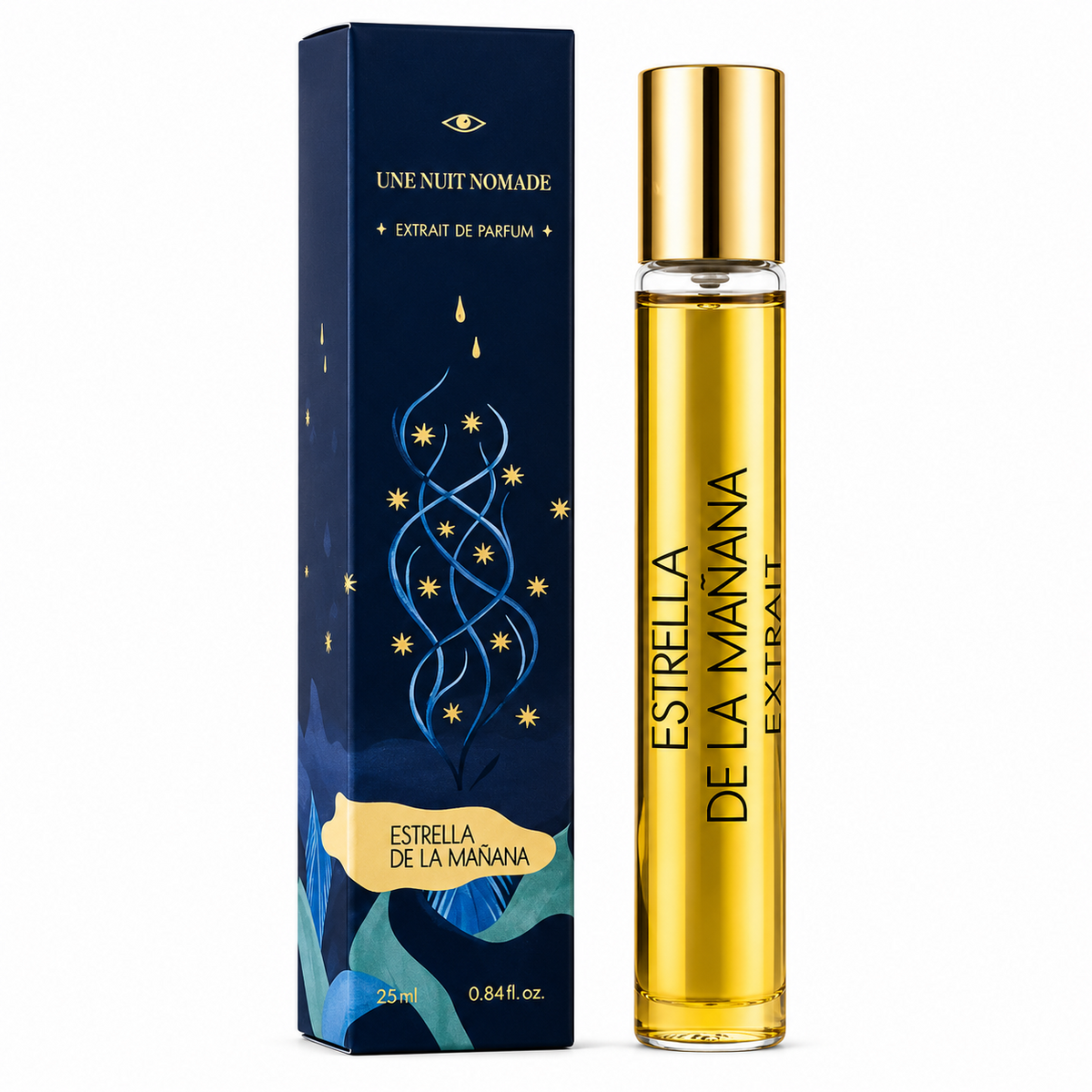 Estrella de la Mañana d'Une Nuit Nomade, extrait de parfum 25 ml, flacon de face sur fond blanc.
