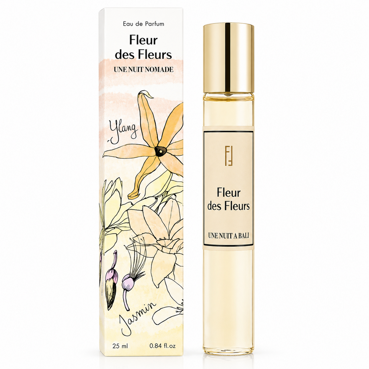 Fleur des Fleurs d'Une Nuit Nomade, eau de parfum 25 ml, flacon de face sur fond blanc.