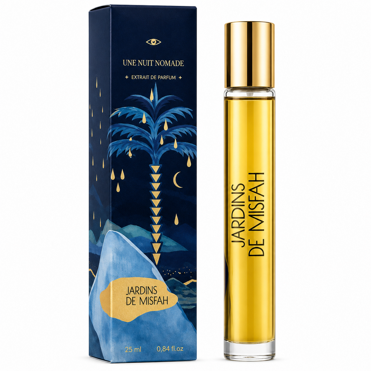 Jardins de Misfah d'Une Nuit Nomade, extrait de parfum 25 ml, flacon de face sur fond blanc.
