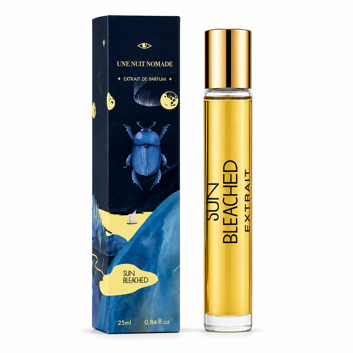 Sun Bleached d'Une Nuit Nomade, extrait de parfum 25 ml, flacon de face sur fond blanc.