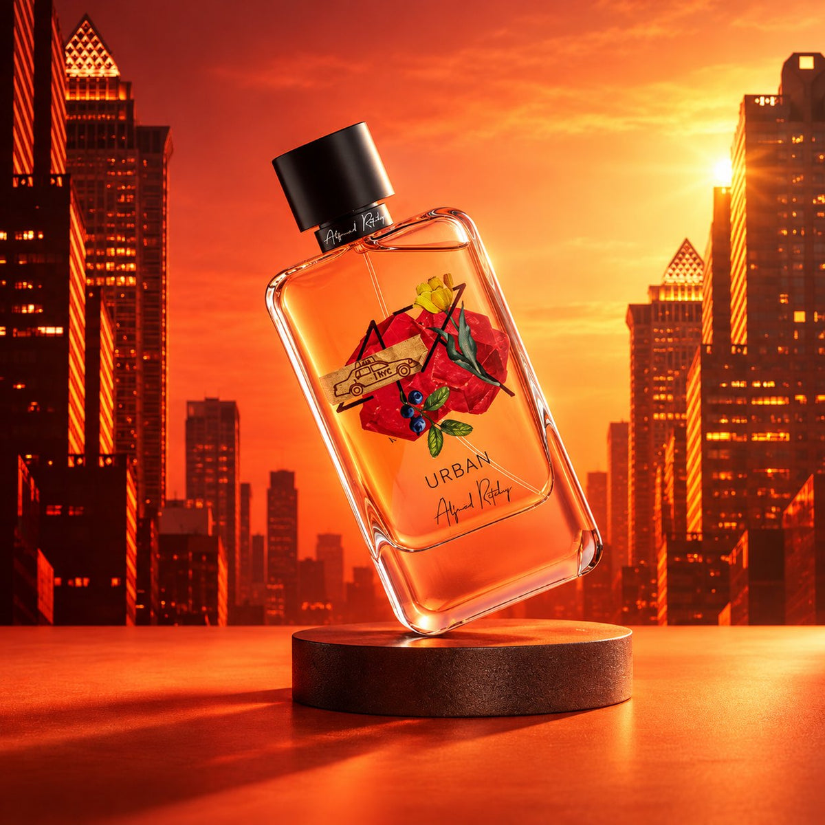 Urban d'Alfred Ritchy, eau de parfum 100 ml, flacon incliné sur un socle devant les gratte-ciel de New York au coucher du soleil.