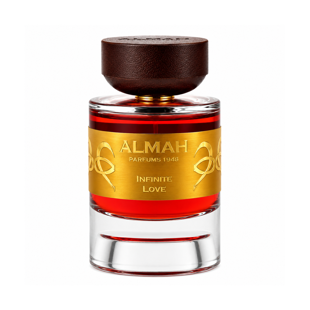 Infinite Love d'Almah Parfums 1948, eau de parfum 100 ml, flacon de face sur fond blanc.