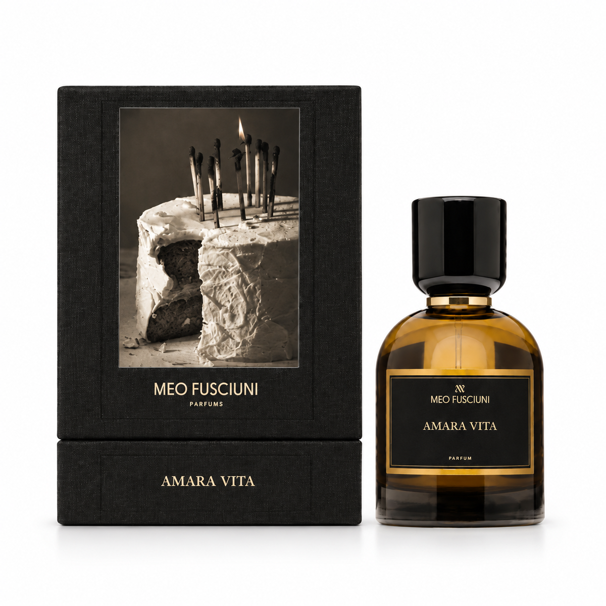 Amara Vita de Meo Fusciuni, parfum 100 ml, flacon et coffret sur fond blanc.
