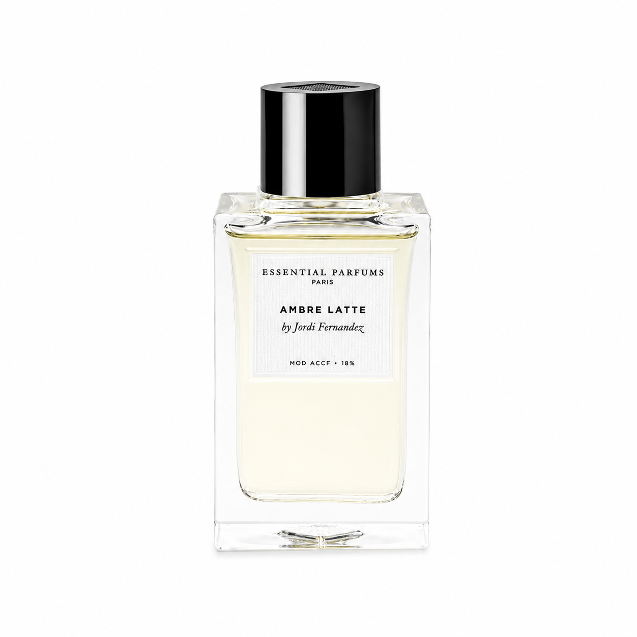 Ambre Latte d'Essential Parfums, eau de parfum 100 ml, flacon de face sur fond blanc.