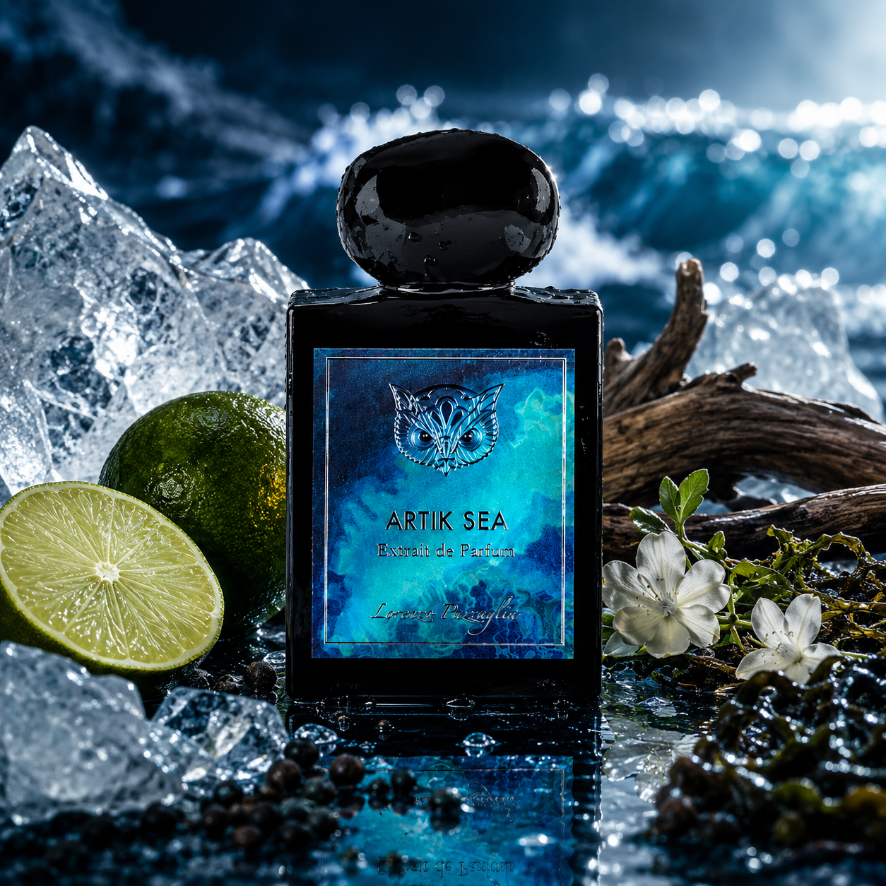 Artik Sea de Lorenzo Pazzaglia, extrait de parfum 50 ml, flacon en ambiance avec glace, citron vert, yuzu, embruns marins, algues et bois flotté.