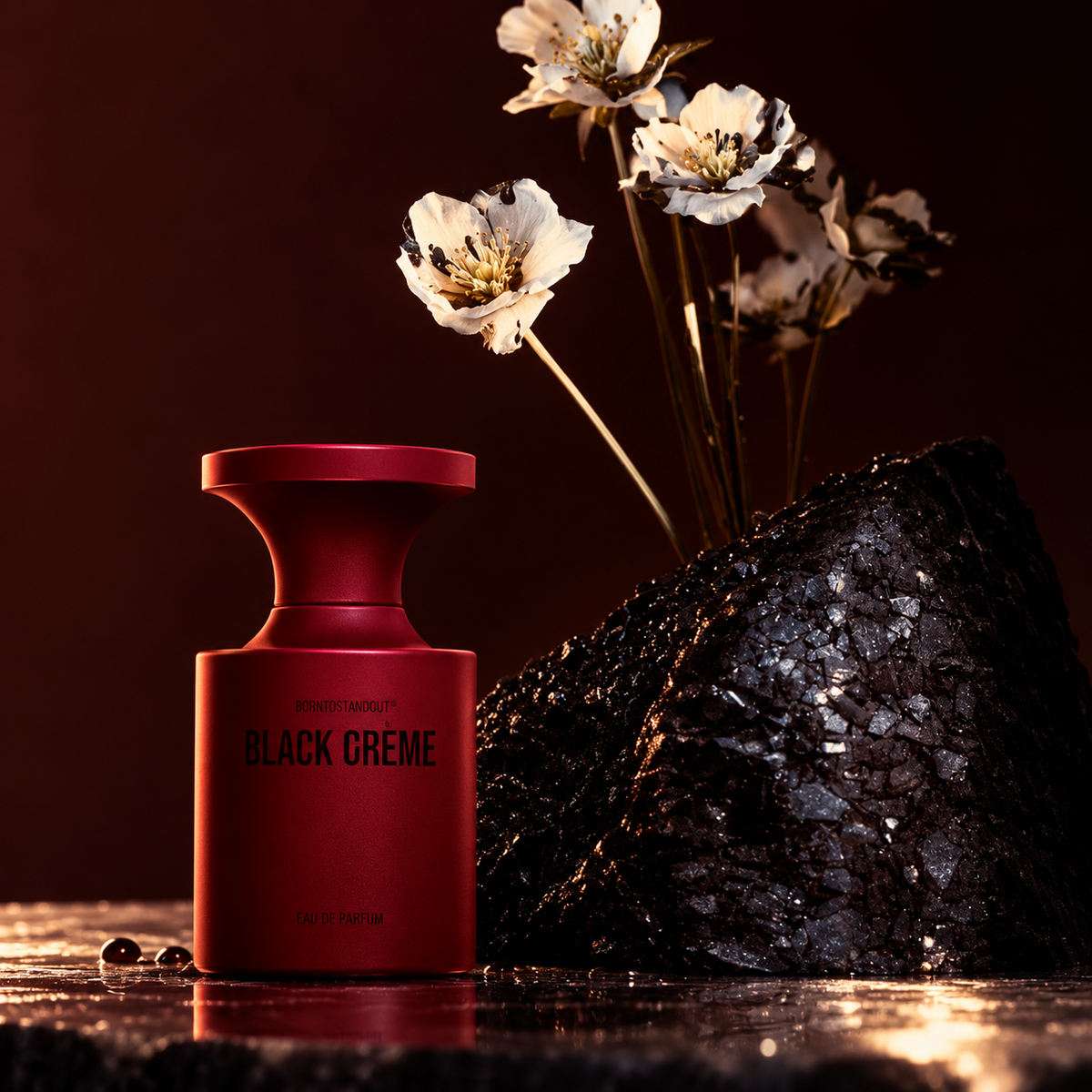 Black Crème de Borntostandout, extrait extrême 50 ml, mise en scène avec fleurs blanches et roche noire.