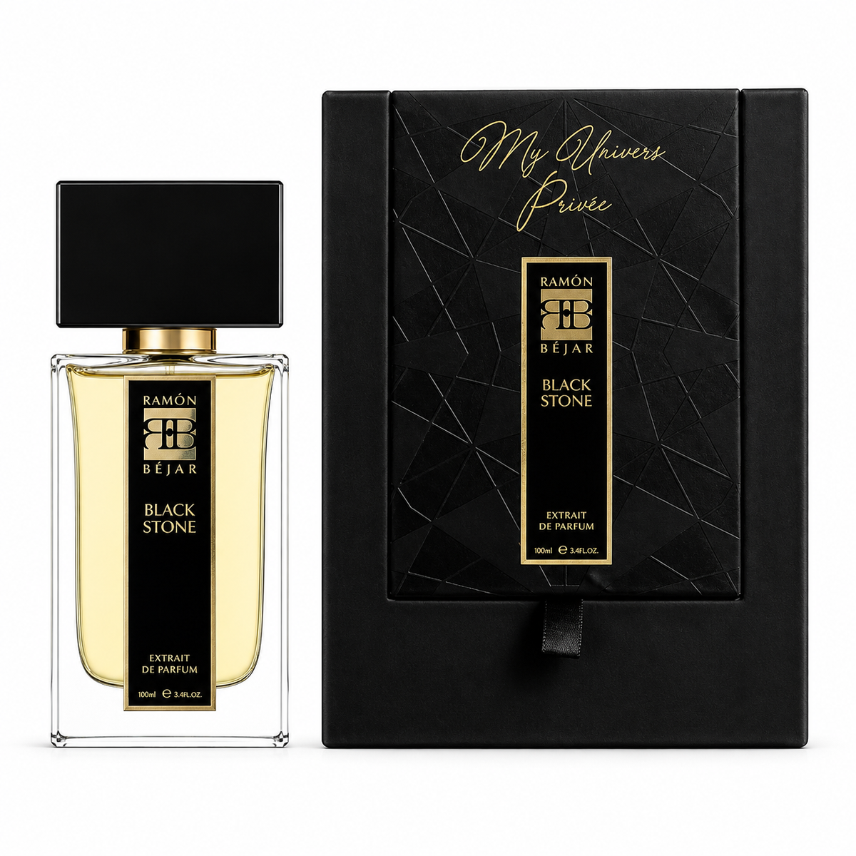 Black Stone de Ramón Béjar, extrait de parfum 100 ml, flacon et son coffret sur fond blanc.