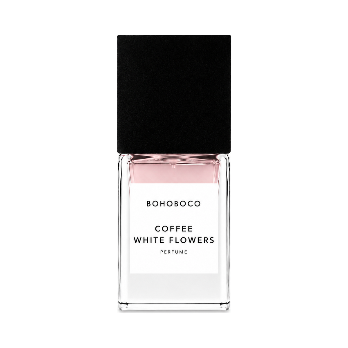 Coffee White Flowers de Bohoboco, eau de parfum 50 ml, flacon de face sur fond blanc.