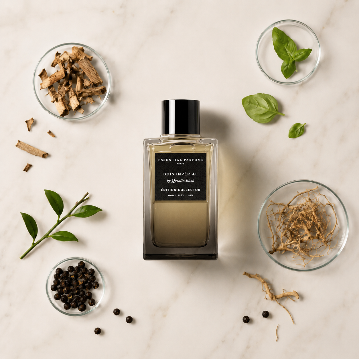Bois Impérial Édition Collector d'Essential Parfums, extrait de parfum 100 ml, entouré de copeaux de bois, basilic frais, baies de genièvre et racines de vétiver sur fond marbré clair.