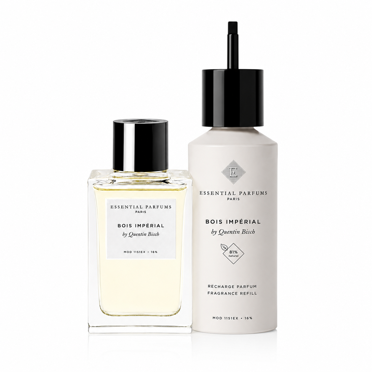 Bois Impérial d'Essential Parfums, eau de parfum 100 ml accompagnée de sa recharge de 150 ml, flacons de face sur fond blanc.