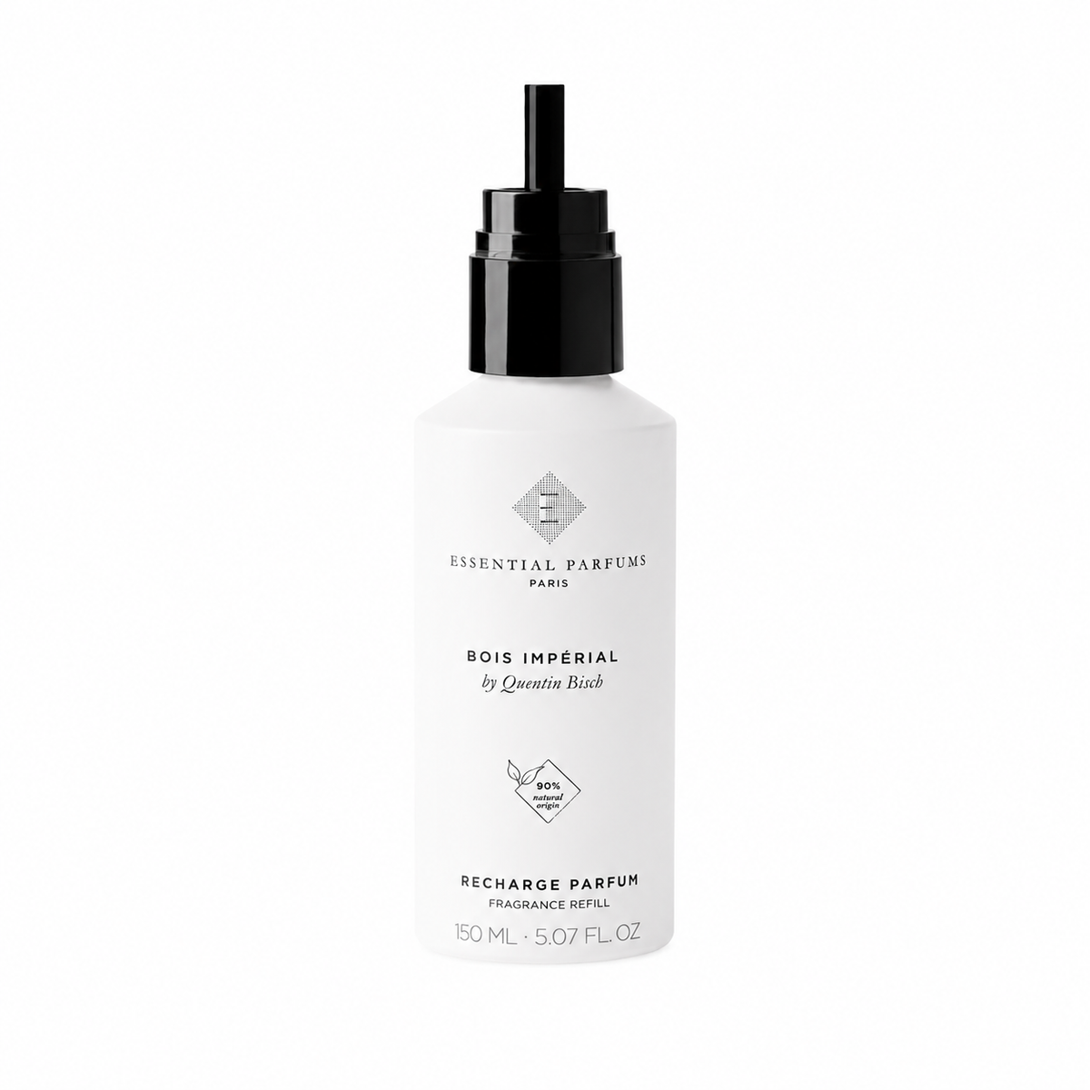 Recharge Parfum Bois Impérial d'Essential Parfums 150 ml, flacon de recharge de face sur fond blanc.