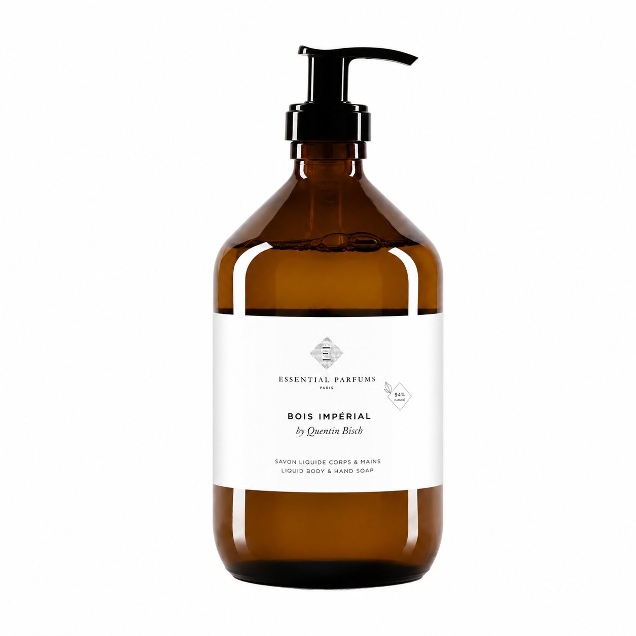 Savon liquide Corps & Mains Bois Impérial d'Essential Parfums 500 ml, flacon ambré avec pompe noire de face sur fond blanc.