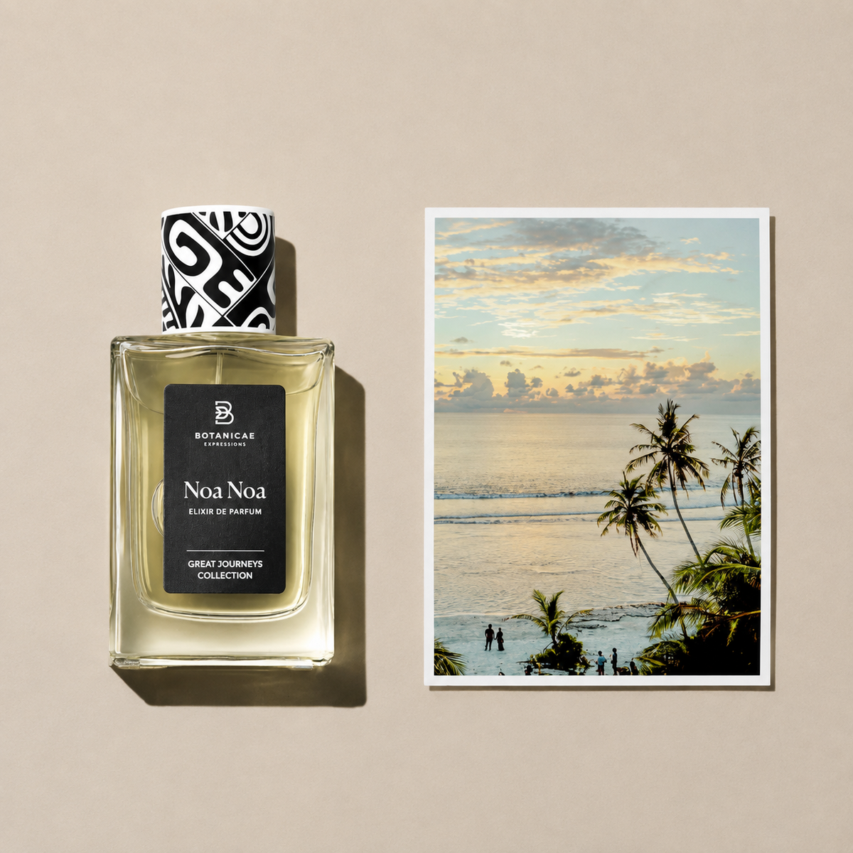 Noa Noa de Botanicae, élixir de parfum 75 ml, mise en scène évoquant la Polynésie et le monoï.