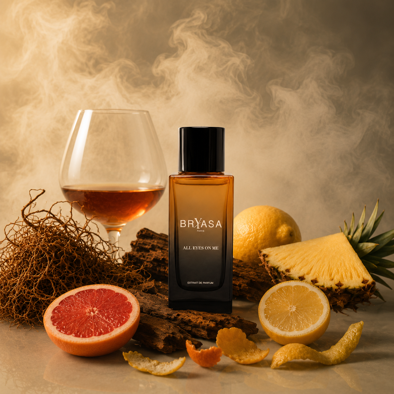 All Eyes On Me de BRYASA, extrait de parfum 50 ml, mise en scène avec agrumes, ananas, bois, verre de spiritueux et volutes de fumée.