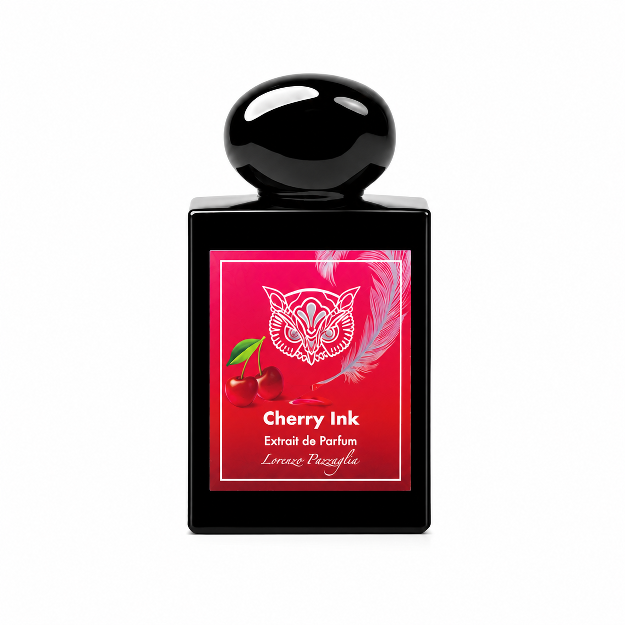 Cherry Ink de Lorenzo Pazzaglia, extrait de parfum 50 ml, flacon de face sur fond blanc.