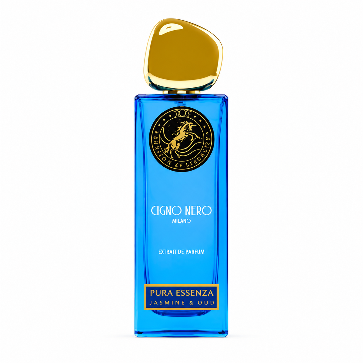 Pura Essenza de Cigno Nero, extrait de parfum 50 ml, flacon de face sur fond blanc.